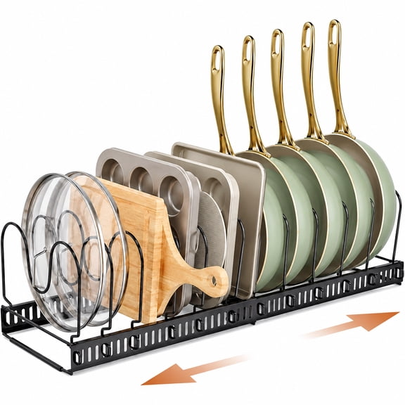 Adjustable Bakeware Pots and Pans Organizer Under Cabinet, 10 Dividers Cookie Sheet Baking Pan Pot Lid Organizers Inside Kitchen Cabinets