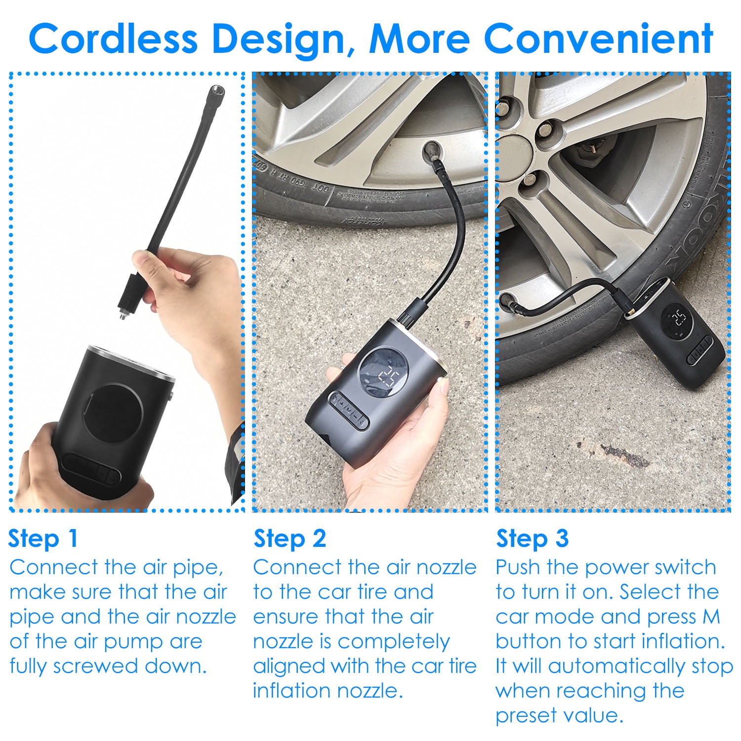 Tire Inflator Portable Air Compressor, TeqHome 150PSI Cordless Air Pump for Car Tires,Tire Pump with LED Light Suitable for Cars, Bikes, Balls, Motorcycles