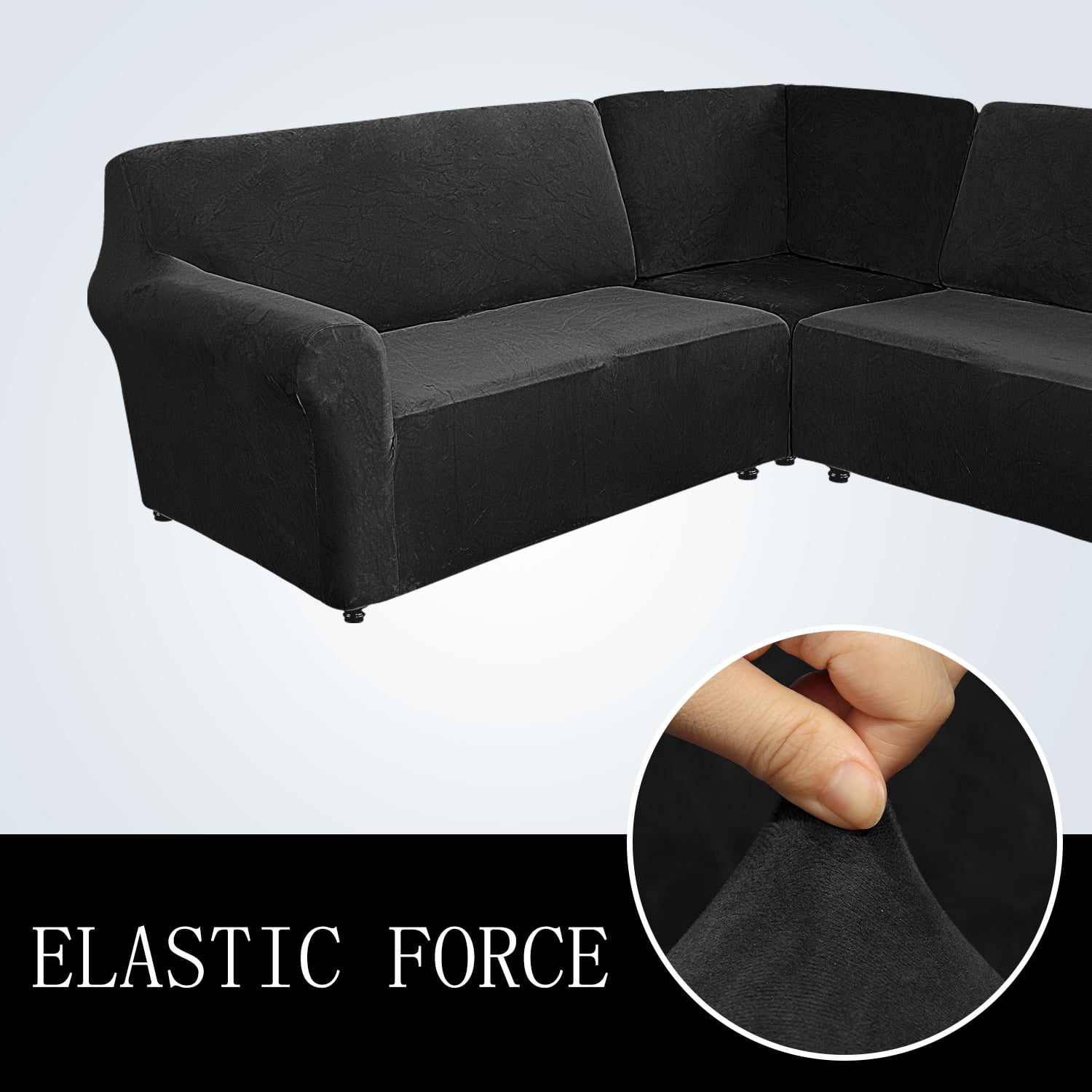 Eurhowing 5-Seater L-Shaped Sofa Cover, Stretch Velvet Soft Couch Slipcover for Sectional Corner Sofa, Non-Slip Furniture Protector, Black