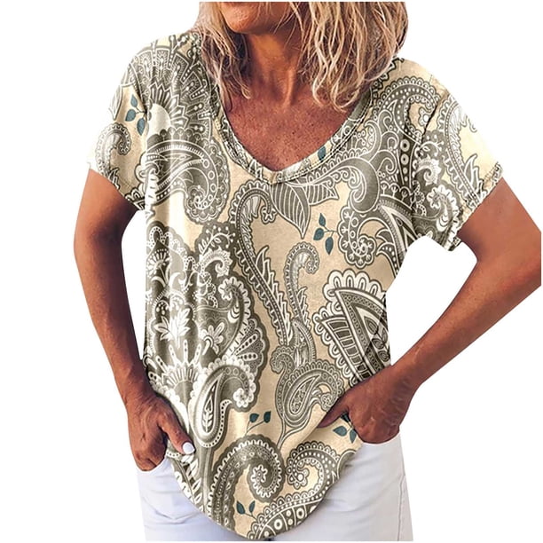 Moda Mujer Verano Camisetas de manga corta Estampado con cuello en V Blusa informal Tops Fridja hjk5420
