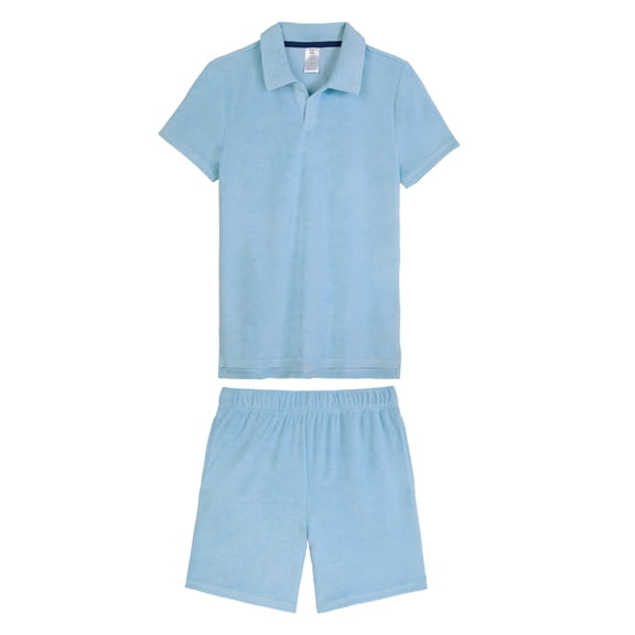 Saint Eve Kids Boys 2-Piece Terry Set – Short Sleeve Notch Collar Top and Pull-On Shorts with Pockets – Lightweight Relaxed Fit Summer Outfit or Swim Cover-Up, Blue, 2T