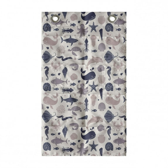 Nautical Hanging Pocket Organizer, Sea Life Pattern with Whale Fish Seahorse Turtle Lobster Octopus Shell, Printed Polyester Storage Bag with Pockets, 21" x 31", Champagne Multicolor