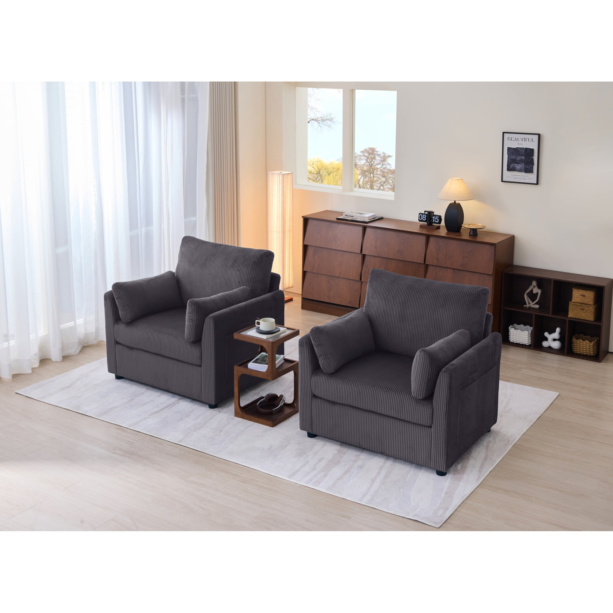 Leumius Corduroy Accent Chair, Modern Upholstered Single Sofa Armchair with 2 Pillows and Side Storage Pockets,Comfy Oversized Reading Chair for Living Room, Bedroom, Apartment,Blue