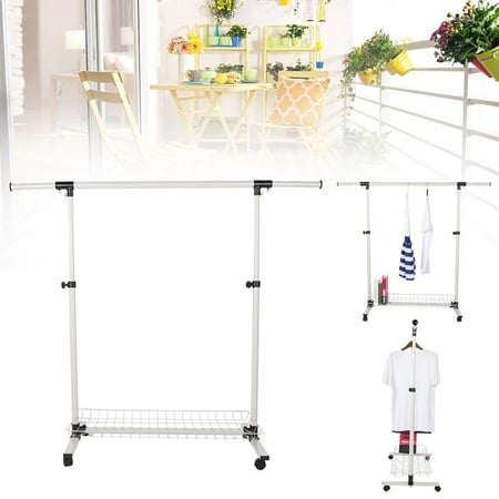 HERCHR Single Rail Clothes Rack, Clothes Rack, Adjustable Collapsible Rolling Single Rail Garment Clothes Coat Rack Dryer Hanger Heavy Duty Stainless Steel Portable Balcony Hanging Drying (Best Portable Clothes Hanging Rack)