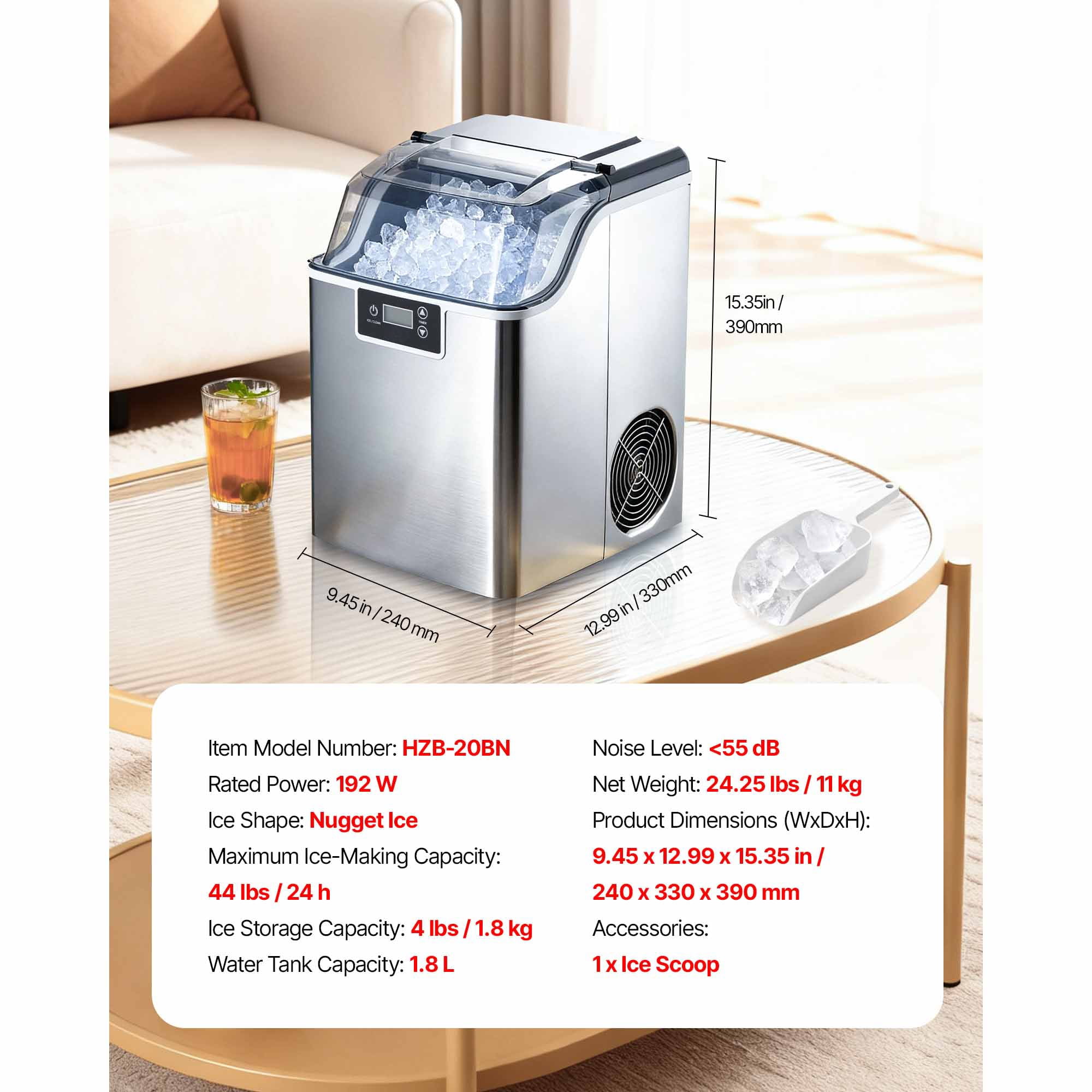 KFFKFF Countertop Ice Maker, 44 lbs Daily Capacity, Portable Machine with Self-Cleaning Function, 4 lbs Ice Storage, Nugget Ice Maker for Home, Kitchen, Office, Bar, and Parties