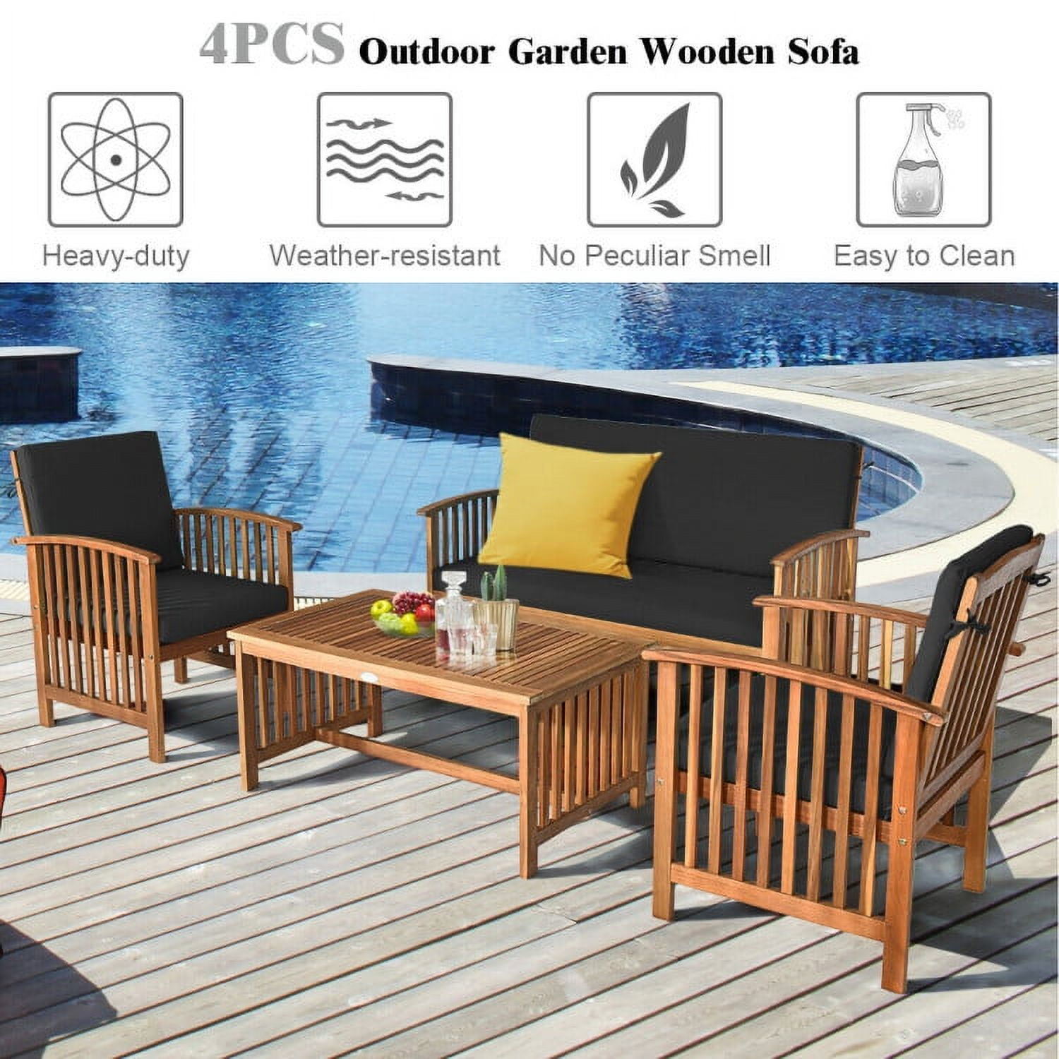 Aimee Lii 4 Pieces Patio Solid Wood Furniture Set, Wood Outdoor Furniture, Black Aimee Lii 4 Pieces Patio Solid Wood Furniture Set, Wood Outdoor Furniture, Black