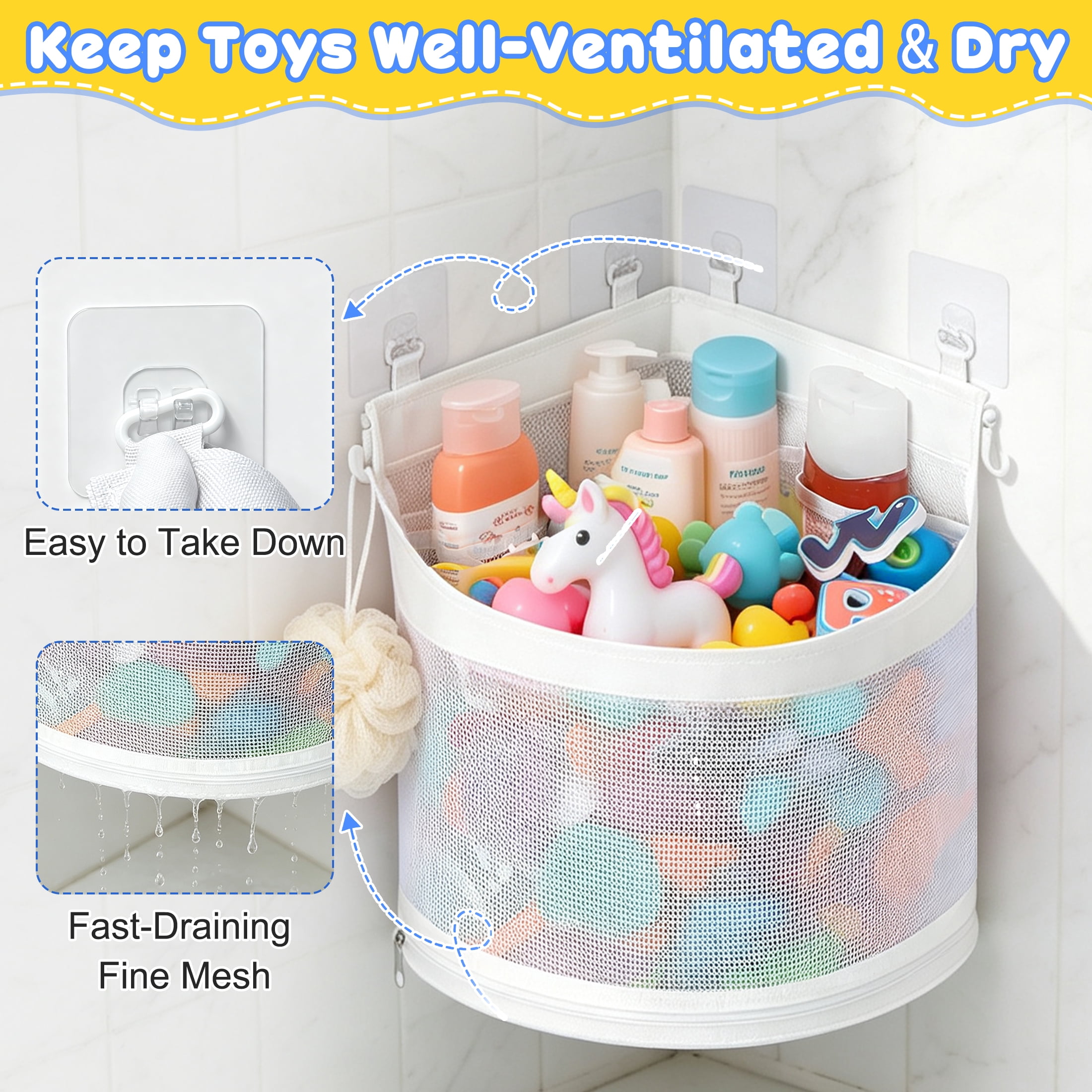 Corner Mesh Bath Toy Storage Caddy with Adhesive Hooks, Quick Dry Hanging Bathtub Toy Organizer Basket, Space Saving Triangle Shower Toy Holder for Kids
