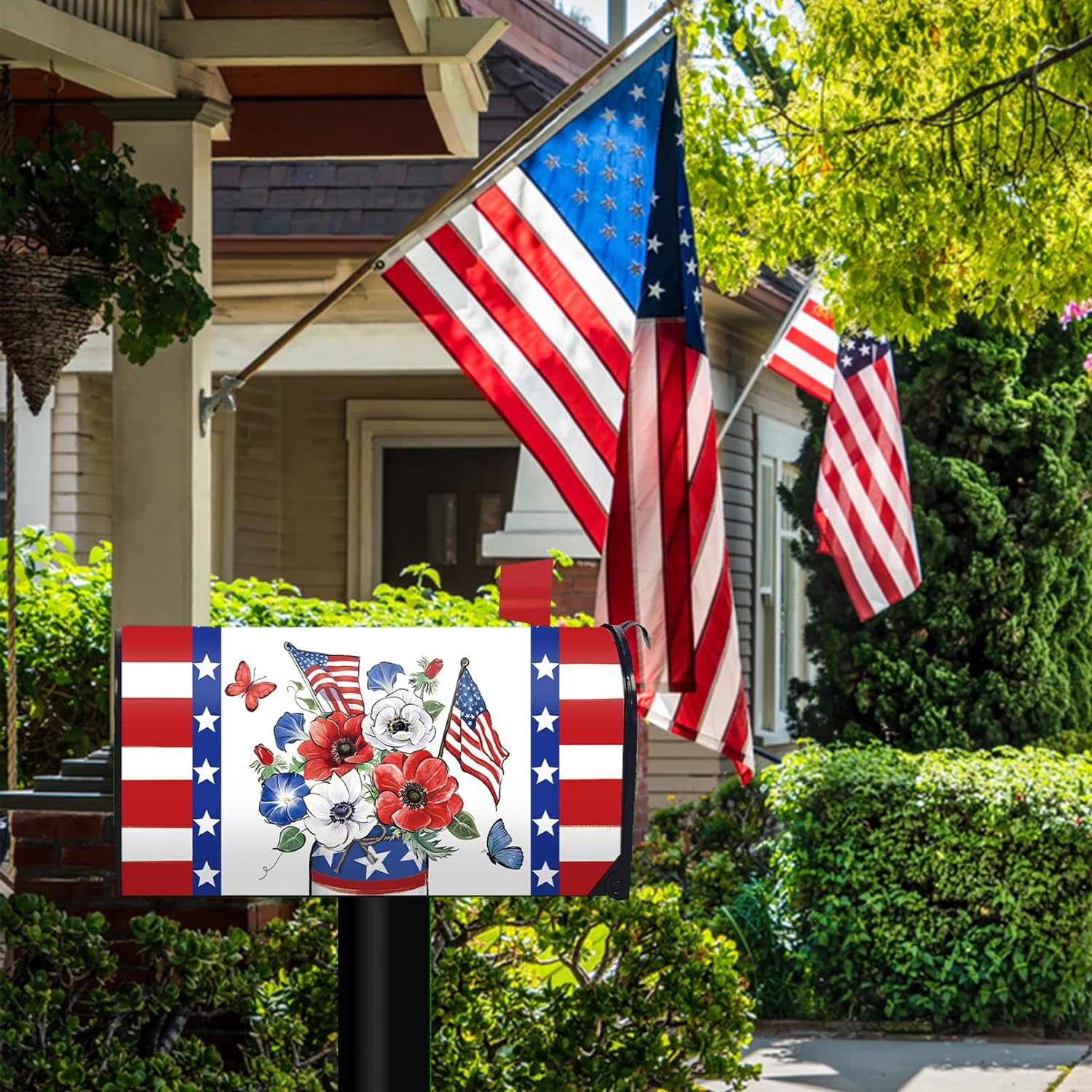 4th of July Patriotic Anemone Flower Mailbox Cover Magnetic Standard Size 21" x 19", America USA Red White Blue Floral Post Letter Box Wrap Decor American Flag Garden Yard Outdoor Decoration