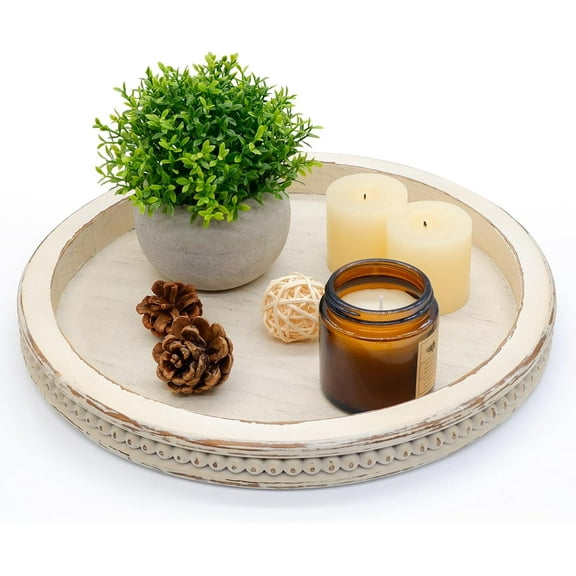 12.2'' Round Wood Decorative Tray,  White Beaded Tray, Wooden Serving Tray, Farmhouse Wooden Decorative Tray for Coffee Table, Living Room, Kitchen Counter, Home Decor