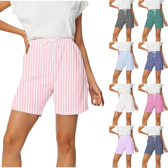 Sakmal High Waisted Women's Shorts Wide Leg Drawstring Beach Vacation Striped Black Ladies Shorts with Pockets