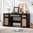thumbnail image 4 of Joaxswe 56" Rattan Desk, Boho Wood Work Study Table with Drawers, Rustic Farmhouse Computer Table for Office, Bedroom, Black, 4 of 7