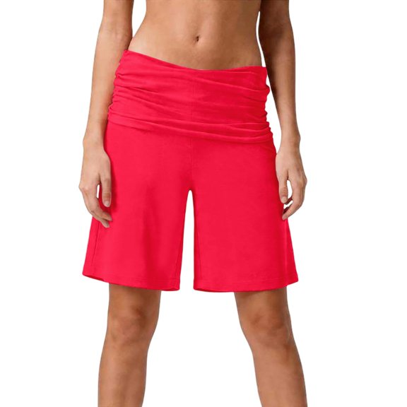 Arlun Womens Plus Size Yoga Workout Shorts Stretchy Ruched High Waist Summer Fold over Shorts Solid Color Casual Loose Fit Knee Length Loungewear Short Pants for Daily Versatile Red XS