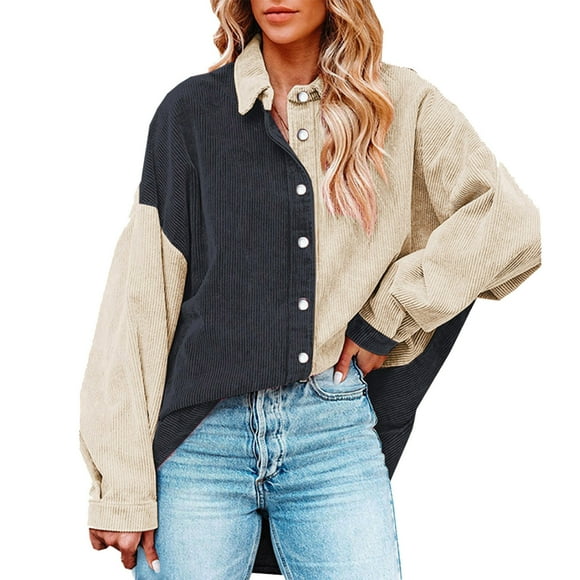 TJAZFJPA Womens Fall Jacket Women Ladies Autumn Winter Fashion Drop Shoulder Colorblock Corduroy Jacket Thin Coat Black Winter Coat Women Women's Raincoats