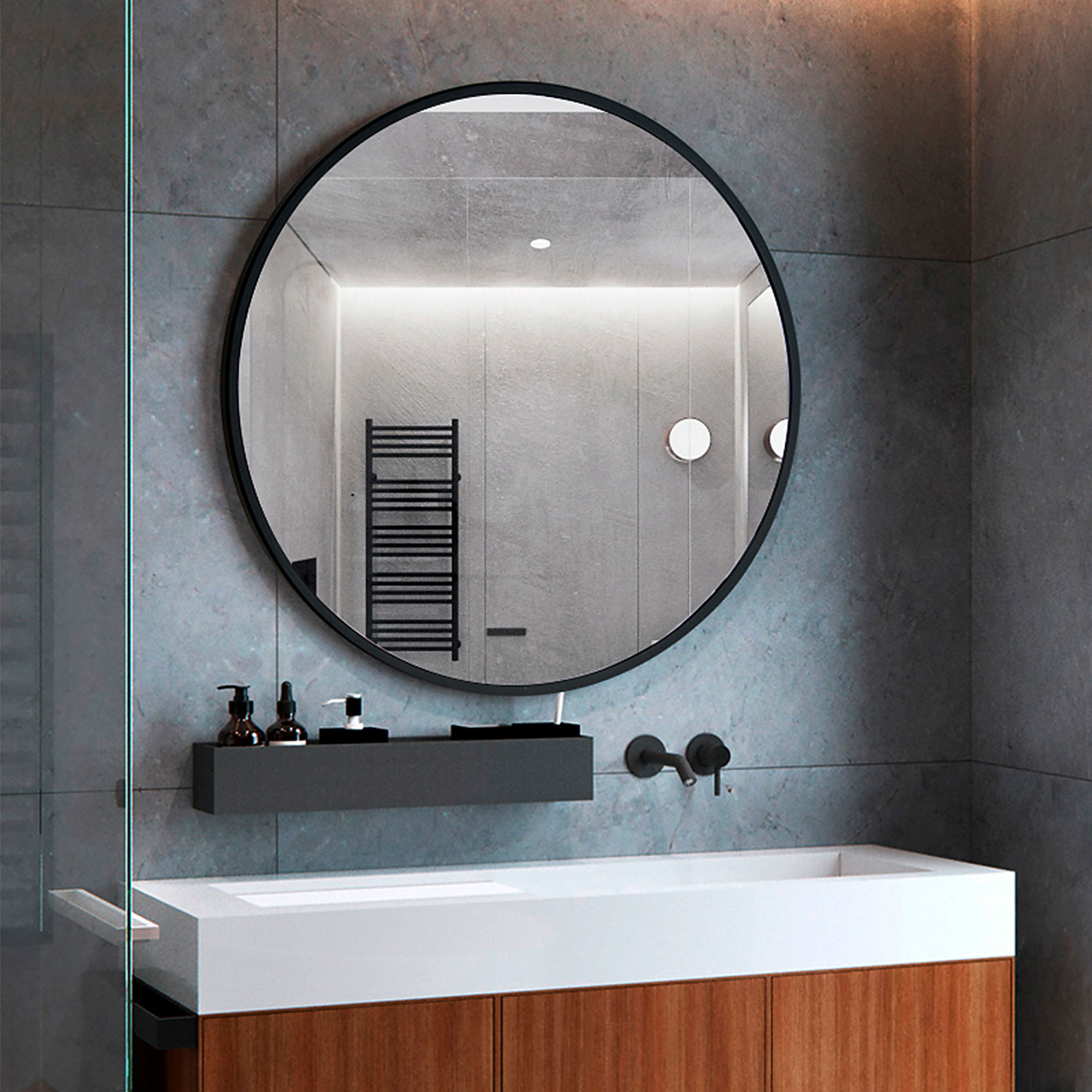 Round Wall Mounted Mirror Circle Metal Frame Black 20"