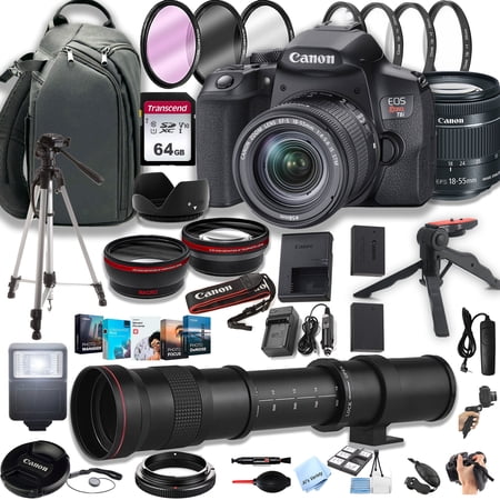 Canon EOS Rebel T8i DSLR Camera w/EF-S 18-55mm F/4-5.6 STM Zoom Lens + 420-800mm Super Telephoto Lens + 100S Sling Backpack + 64GB Memory Cards  Professional Photo Bundle (42pc Bundle)