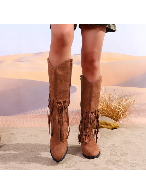 Women's Fringe Knee High Western Cowgirl Boots Pointed Toe Mid Claf Cowboy Boots Chunky Stacked Heel Western Boots