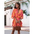 thumbnail image 2 of Women'S V-Neck Fashion Print Wavy Sleeve Skirt Dress Summer Spring Floral Boho Dress Tangerine Color XL, 2 of 6