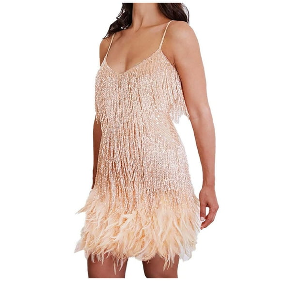 TJAZFJPA White Lace Dress Women Evening Dress Double Deep V Sexy Sling Dress Tassel Sequins Feather Dress Square Neck Dress Cruise Dresses for Women