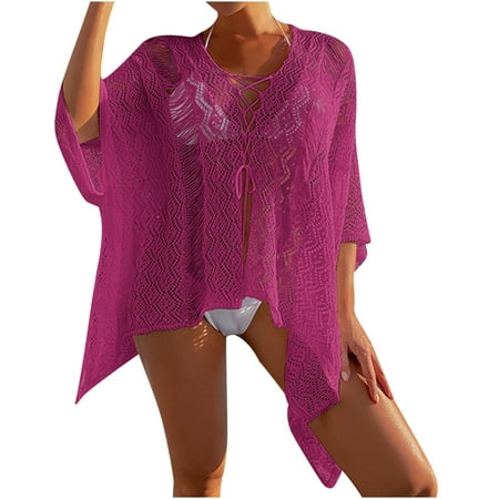 Cover Ups for Swimwear Women  Womens Plus Size Crochet Coverups Casual Trim Kaftan Chiffon Swimwear Holiday Beach Bikini Cover Up Blouses Tops Summer Saving Clearance