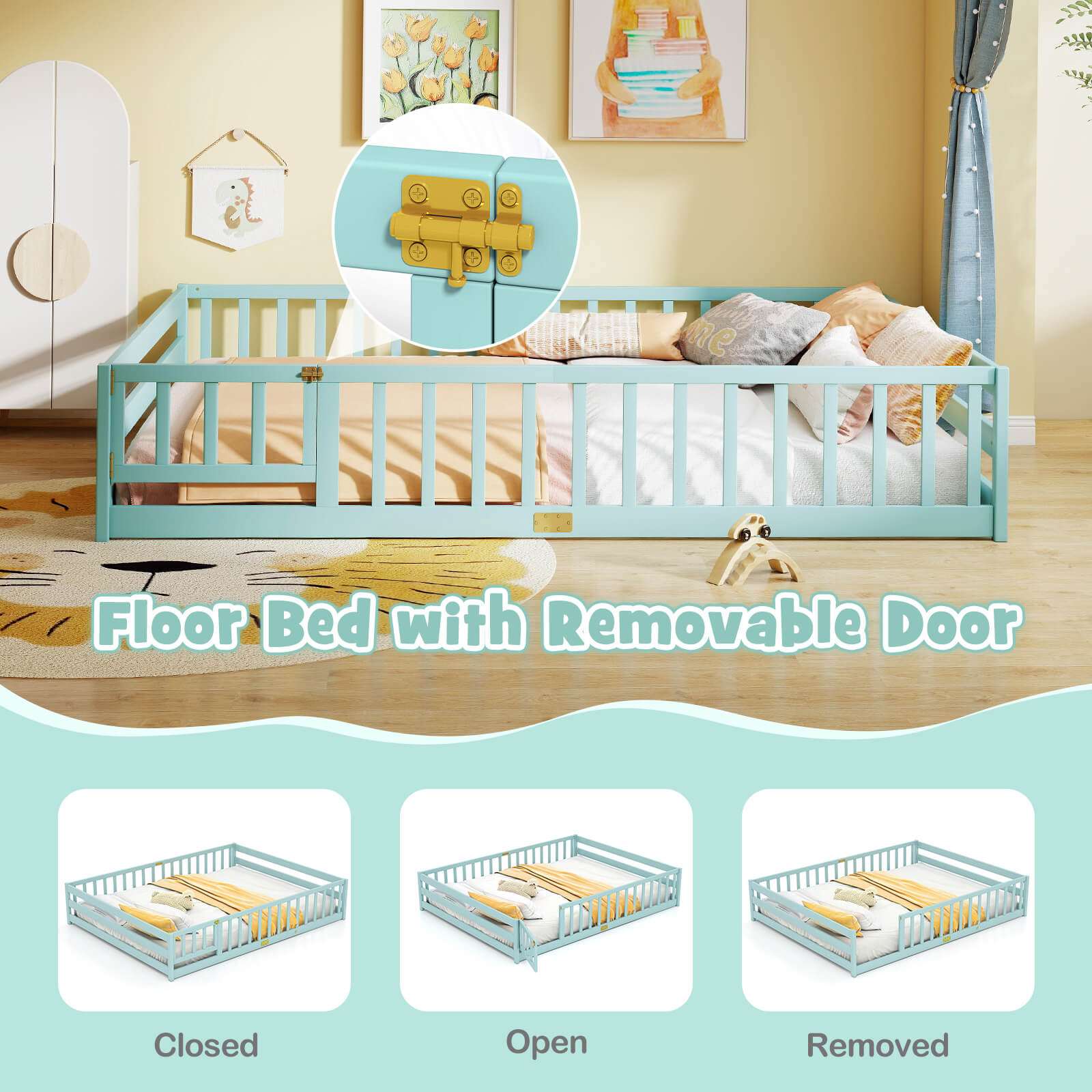 Costway Queen Size Floor Bed with Full Length Safety Guardrails & Door for Boys, Girls Icy Aqua