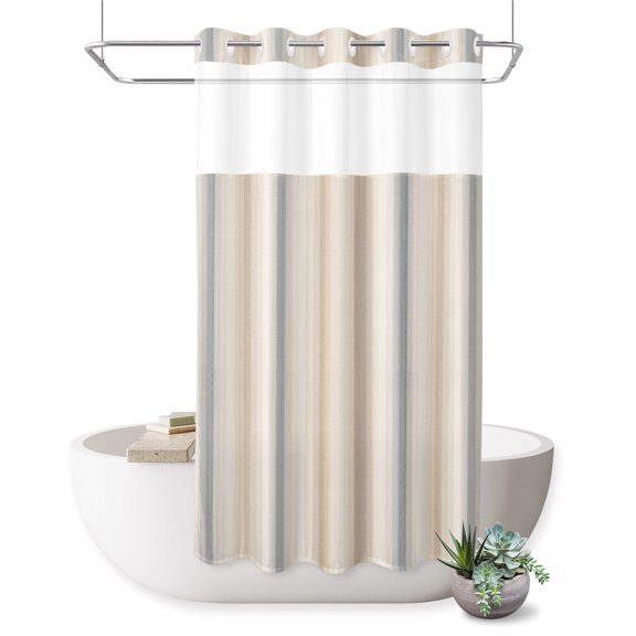 No Hook Shower Curtain, Brown Gray Striped Shower Curtains for Bathroom with See Through Top Window, Modern Boho Stripes Minimalist Waterproof & Washable Bath Curtain Stand Up Stall 36"x72"