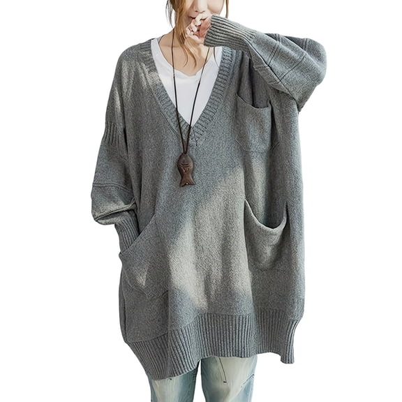 Womens Sweater Dress Oversized Casual V Neck Knit Blouses Fall Outfits Vacation Winter Clothes Gray M