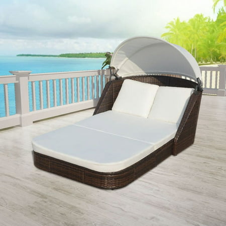 Outdoor Patio Daybed Wicker Rattan Furniture Sets All-Weather Seating Sofa Lawn Garden Backyard Daybed with Retractable Canopy and (Best Time To Sow A Lawn)