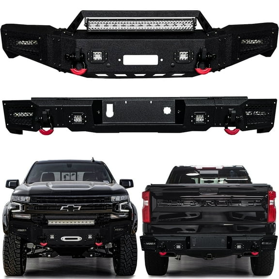Vijay Compatible with 2019-2020-2021 Chevy Silverado 1500 Front and Rear Bumper Textured Black Steel with LED Lights and D-rings