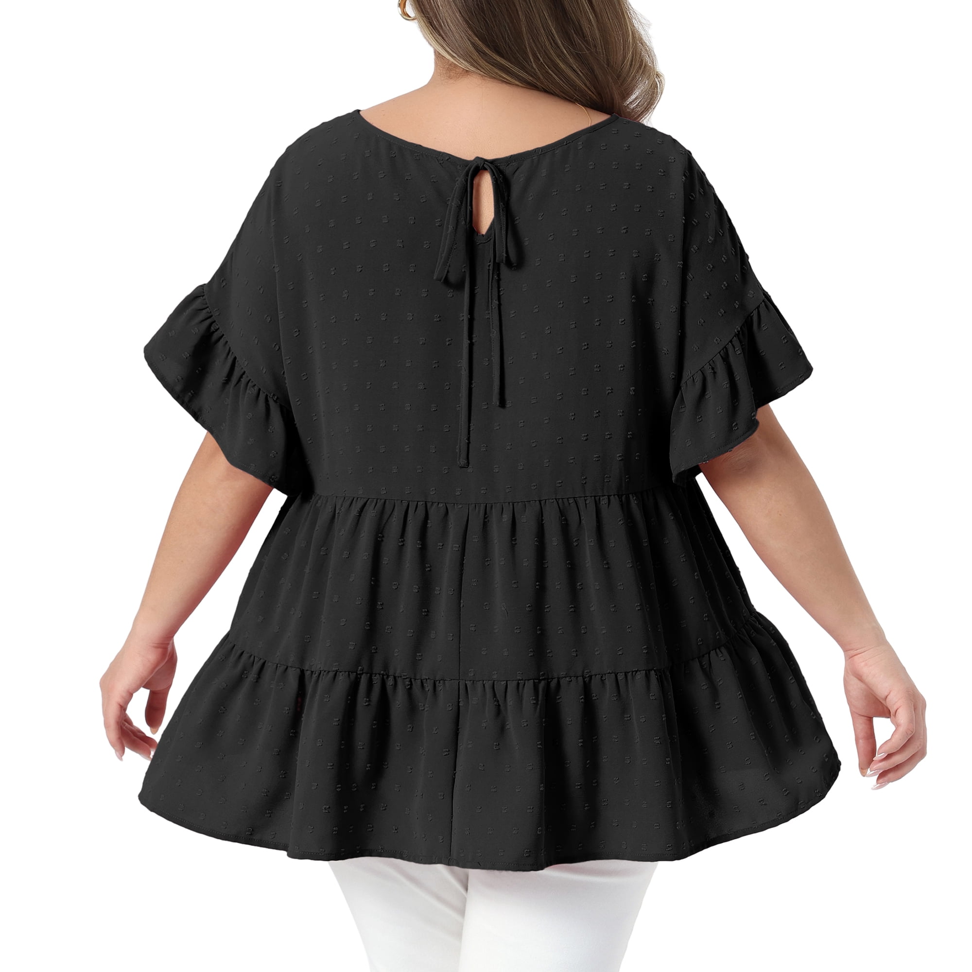 DARING DIVA Women's Plus Summer Tops Crew Neck Ruffle  Tiered Swiss Dots Blouses 4X Black