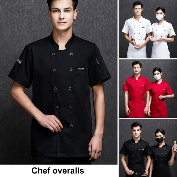 sunsanly Unisex Chef Shirt Kitchen Double-breasted Short Sleeve Stand Collar Soft Chest Pocket Breathable Stain-resistant Loose Kitchen Bakery Restaurant Canteen Waiter Top Cook Uniform