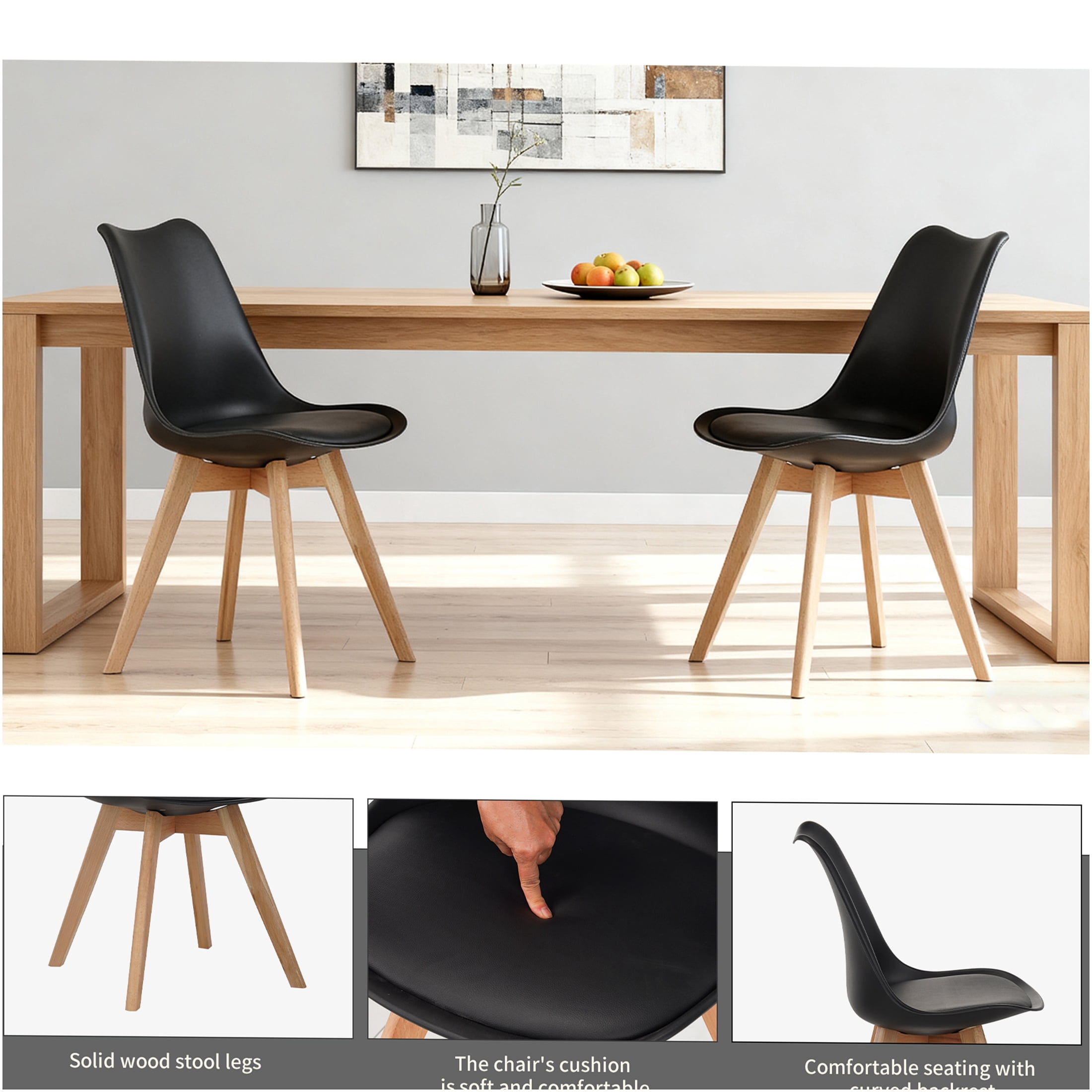 JERFIT 4-Pack Modern Dining Chairs, Black PU Leather Kitchen Chairs with Wooden Legs, Comfortable Stackable Side Chairs for Dining Room, Restaurant, Cafe