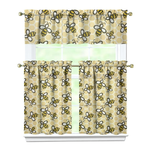 Set of 3 Queen Bee Kitchen Curtains - Honeycomb Pattern, Semi-Sheer Caf Curtains with Valance, Cartoon Bumble Bee Design, Farmhouse Short Curtains for Small Windows