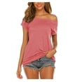 thumbnail image 1 of New Women's Off The Shoulder Tops Casual Short Sleeve T Shirts Solid Color Blouse, 1 of 3
