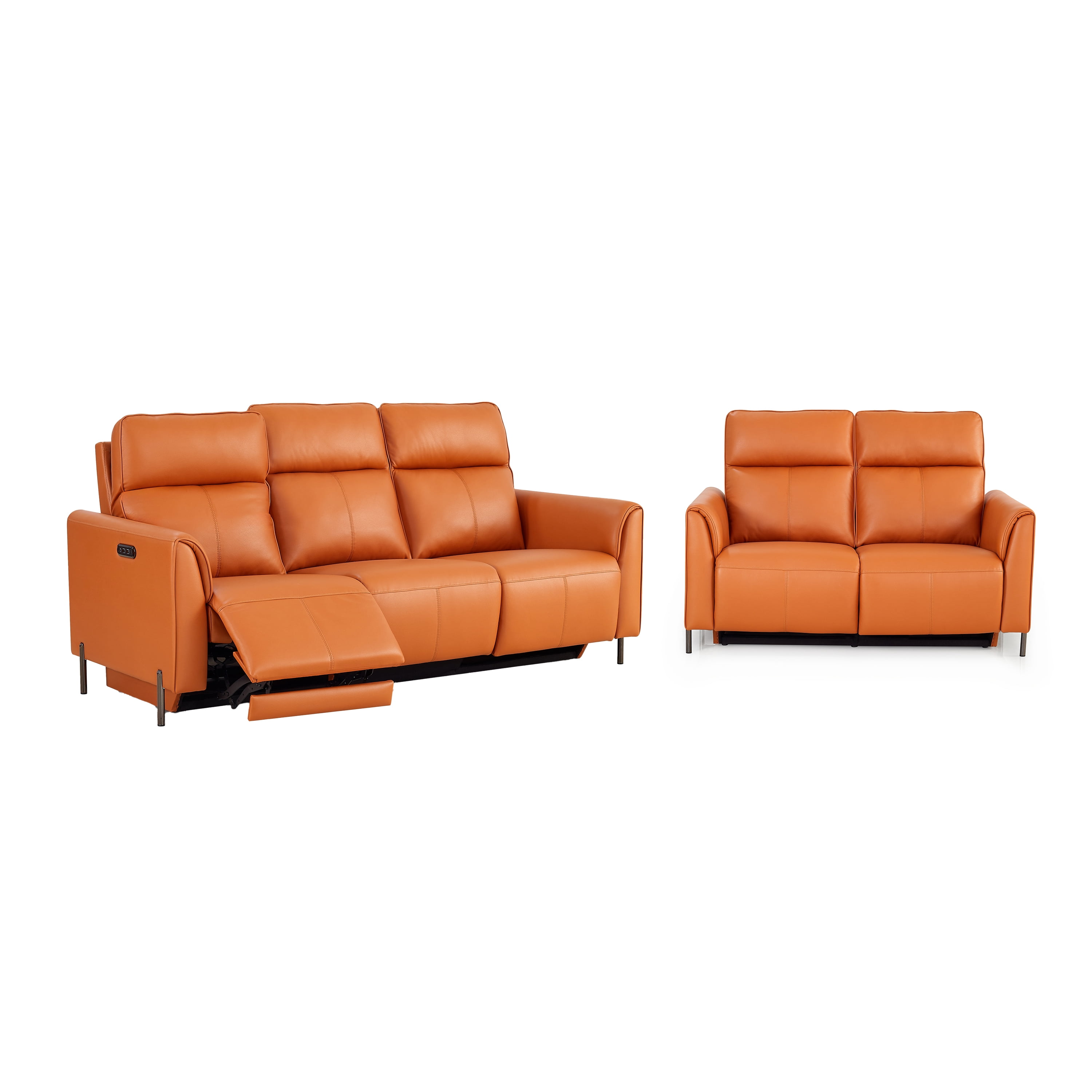 Modern 2-Piece Leather Reclining Sofa Set with Power Recliners and Head Control, Orange