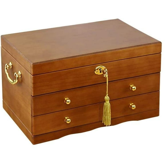 Handmade Wooden Jewelry Box Organizer with Lock, 3-Layer Large Capacity Jewelry Storage Chest with Drawers for Necklaces, Rings & Watches