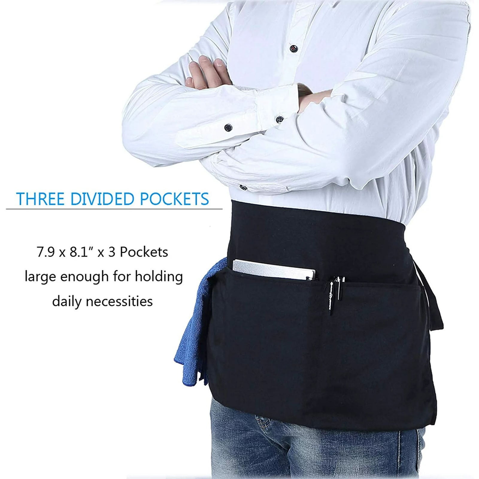 Black Waitress Server Short Apron – Waist Apron with&nbsp;3&nbsp;Pockets