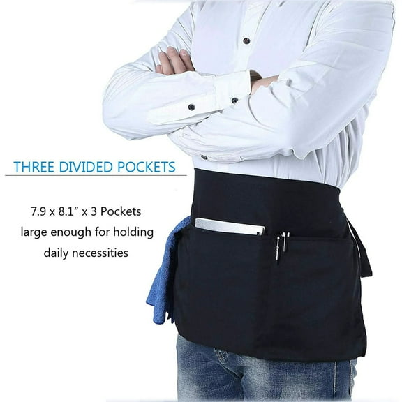 Black Waitress Waiter Server Short Aprons,Waist Apron With 3 Pockets