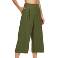 thumbnail image 2 of Womens Cropped Pants High Waisted Wide Leg Pleated Culottes Lightweight Casual Summer Trousers with Pockets for Travel Vacation,Olive Green,L, 2 of 7