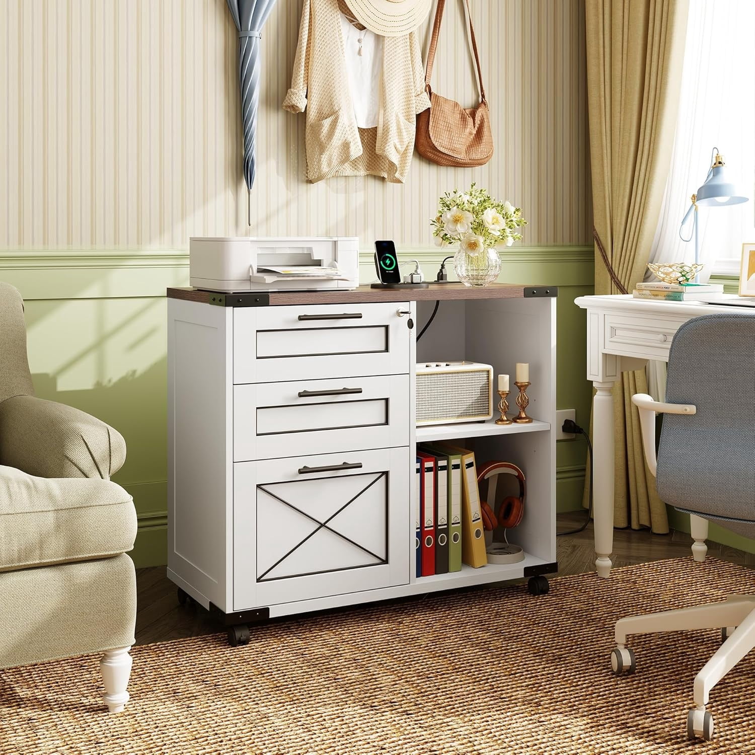 Wood File Cabinet with Charging Station, Mobile Lateral Filing Cabinet with Lock for Home Office, Printer Stand with Open Storage Shelves, Cottage Style White