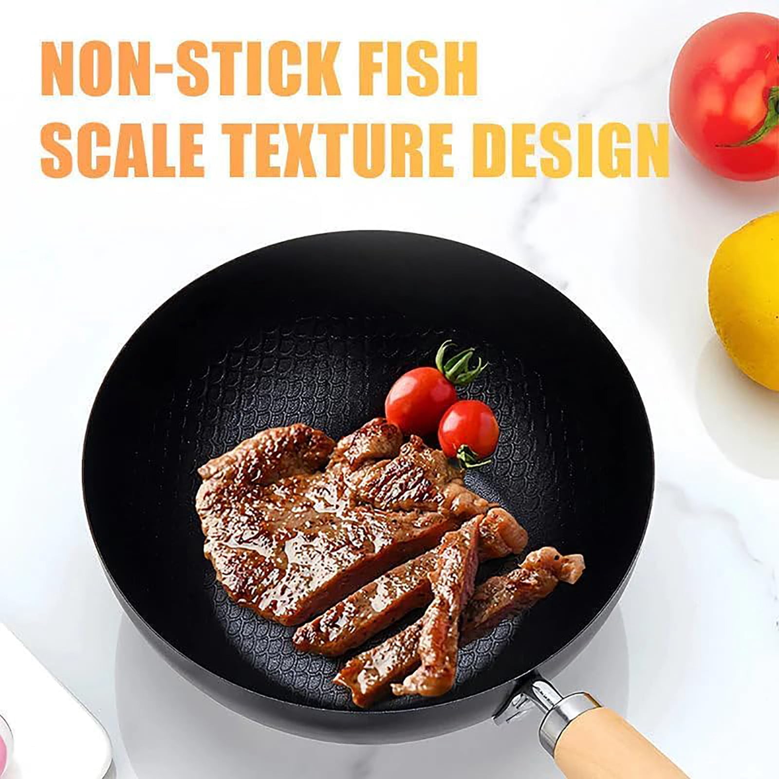 CanGonggg Fish Scale Pattern Flat Bottom Non Stick Pan Steel Woks & Stir Fry Pans Nonstick With Glass Lid For Induction Non Stick Skillet Stone Earth Frying Pan Steel Frying Pan Wide Pan Small Non