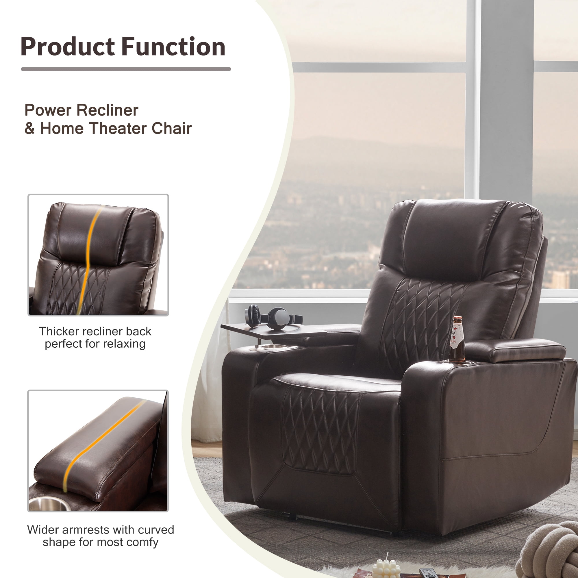 Euroco Modern Power Recliner Chair with USB Port, Swivel Tray Table, Hidden Arm Storage & Dual Cup Holders – Electric Reclining Seat for Living Room or Home Theater