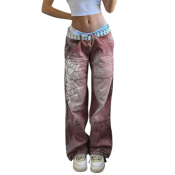Byworldtasic Womens Y2K Jeans Women's Low Rise Heart Pattern Baggy Jeans Washed Wide Leg Denim Cargo Pants Y2k Streetwear