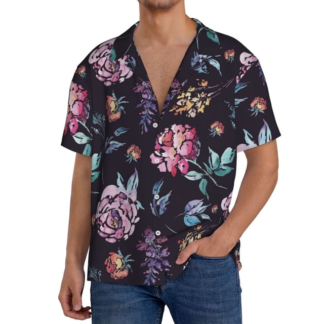 Balery Roses Flowers Camisa Casual de Manga Corta con Botones para Hombre, Texturizada, Estilo Cubano, para Playa, Verano-XX-Large