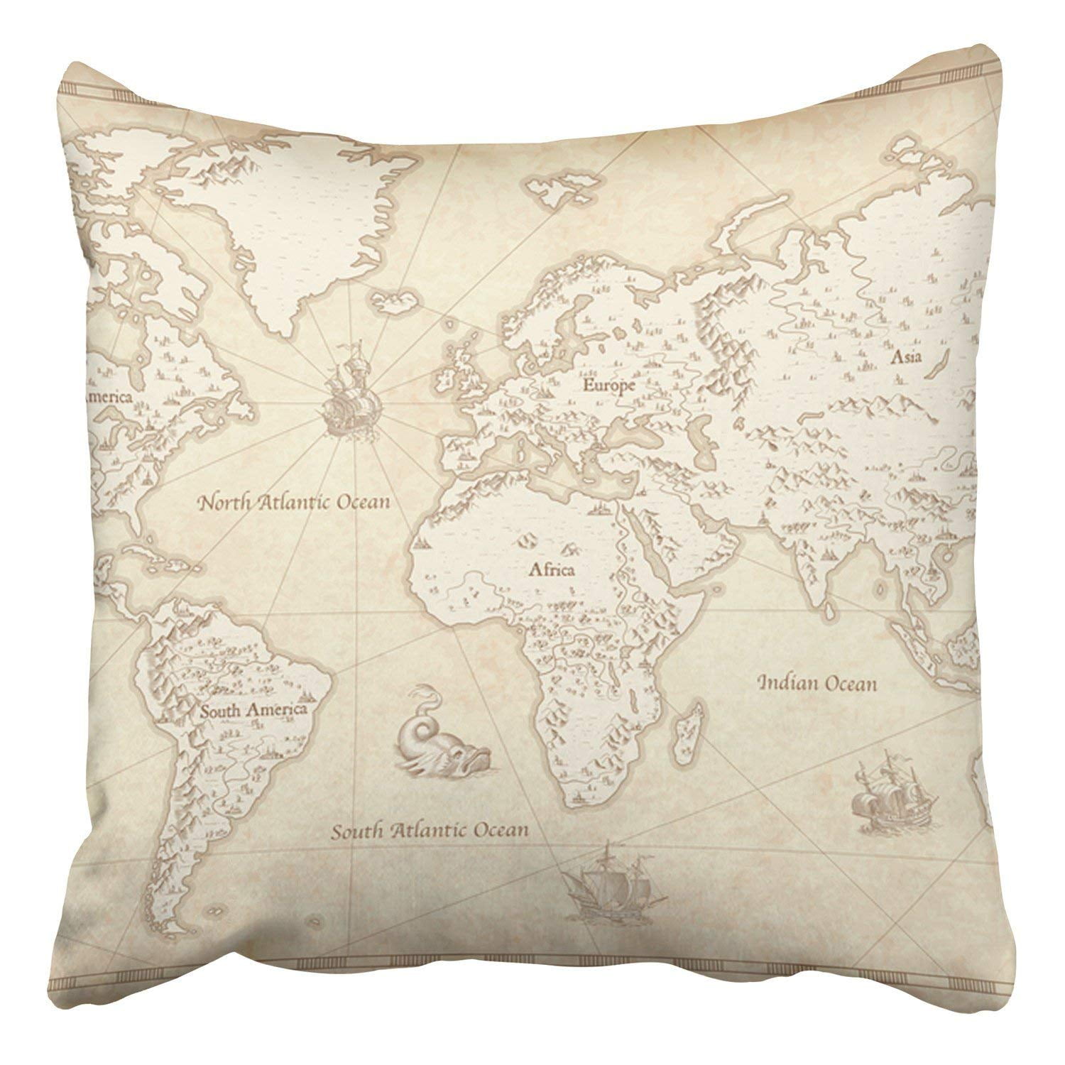 ARTJIA Great Detail The World Map In Vintage Style Mountains Trees Cities Pillowcase 20x20 inch