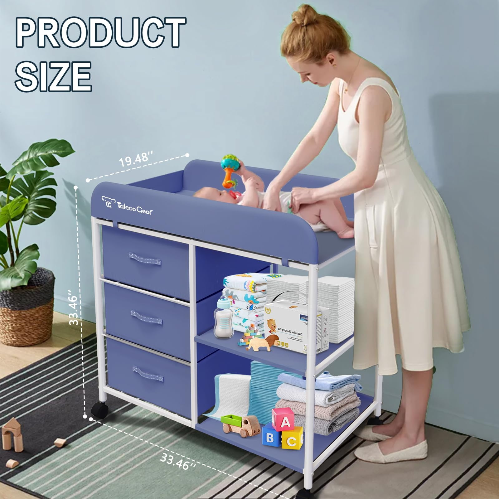 G TALECO GEAR Baby Changing Table, Portable Diaper Changing Station with Wheels, Nursery Organizer for Newborn and Infant, Blue