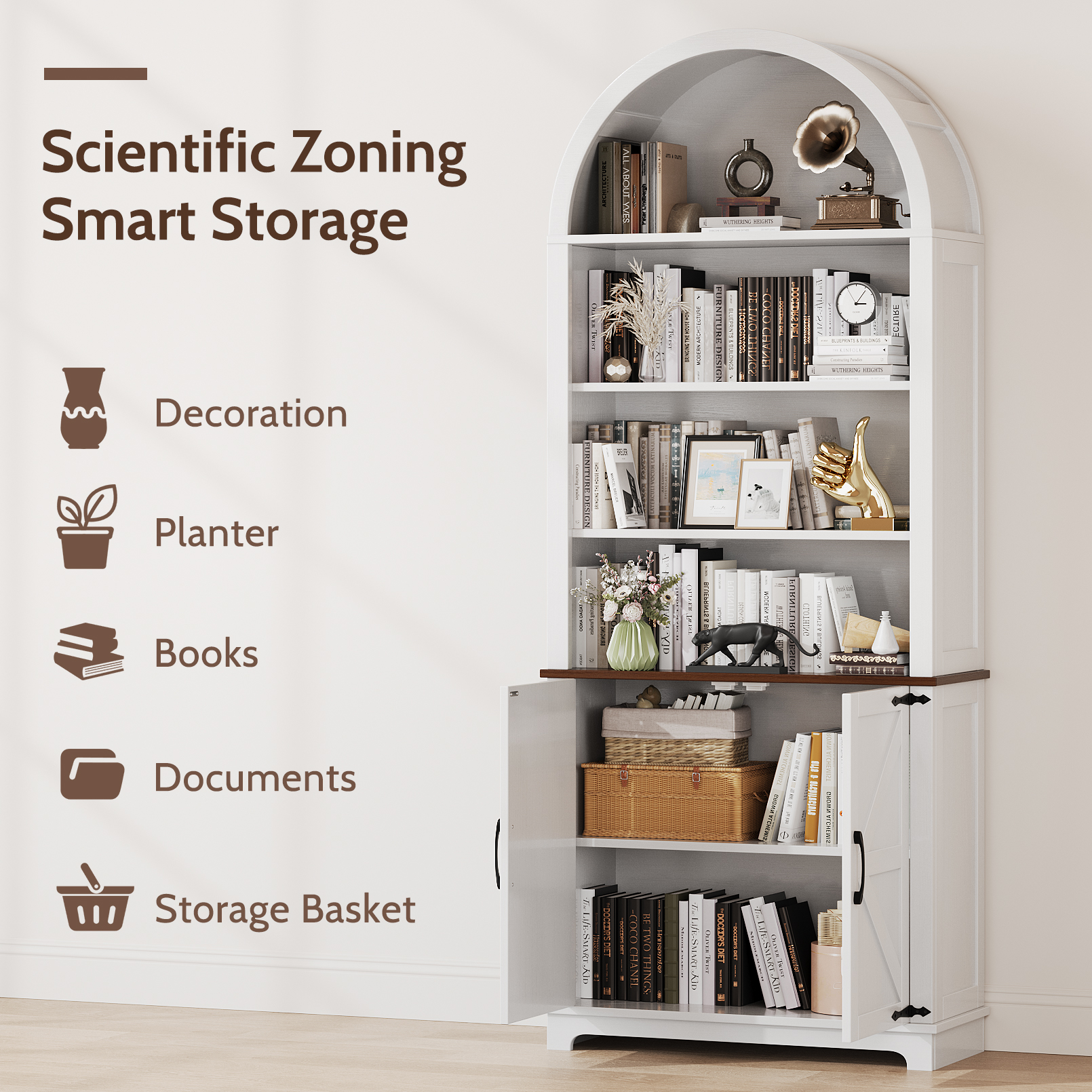 Vividwood Farmhouse Arched 6-Tier Bookshelf Bookcase with Doors, Tall Storage Cabinet, White