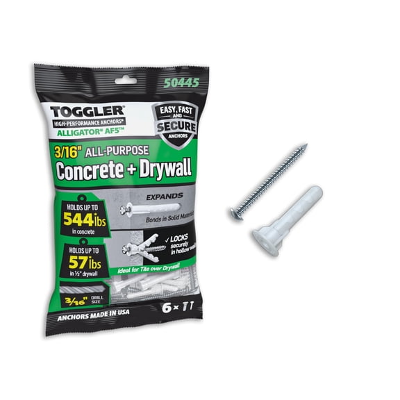 TOGGLER Alligator AF5 Flanged Anchor with Screws, Polypropylene, Made in US, for #4 to #9 Fastener Sizes 6