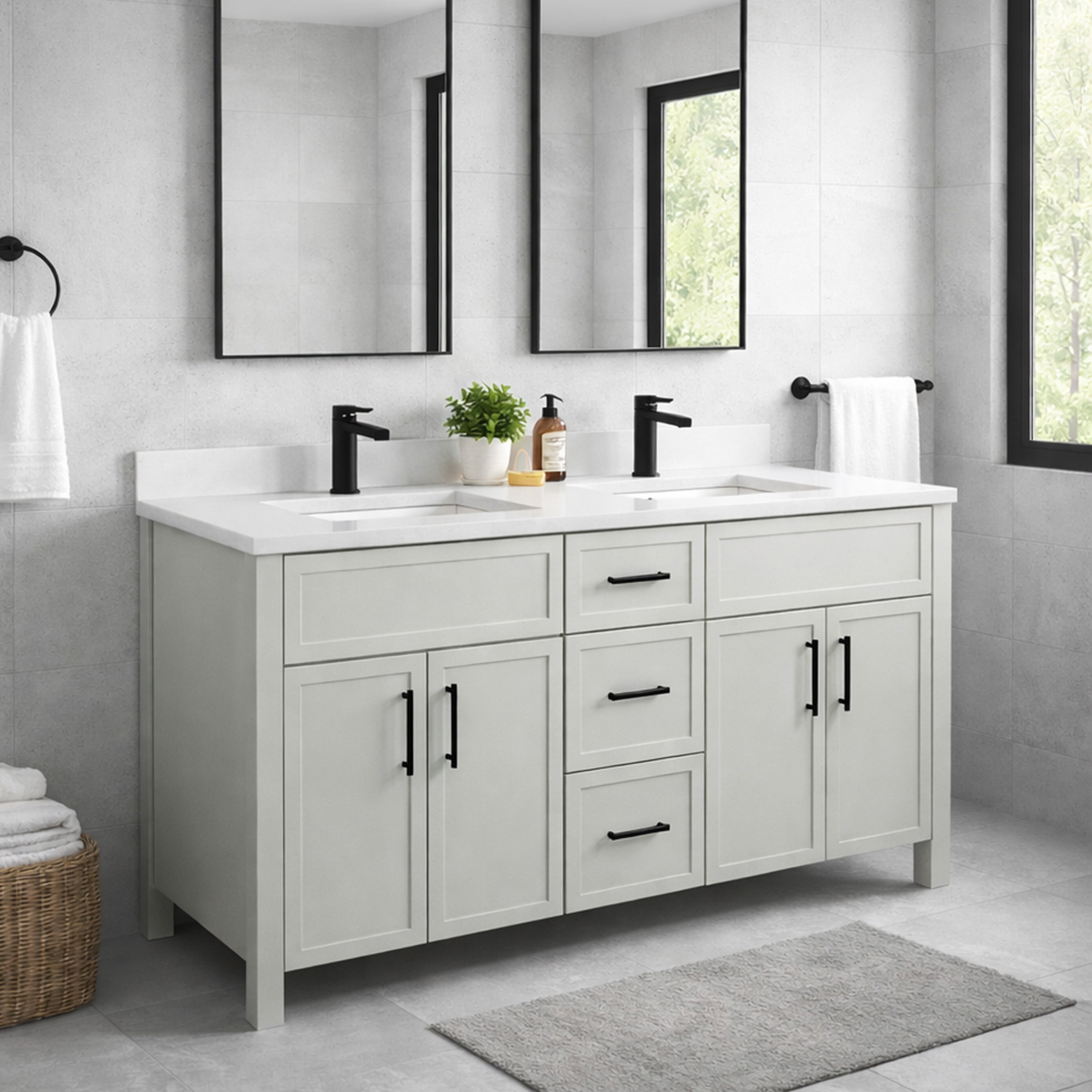 Design House Dawson 60-Inch Bathroom Vanity Cabinet, Ready to Assemble, 4-Door 3-Drawer Freestanding, Comfort Height 34 in., Sherwin-Williams® On the Rocks, Matte Black Hardware, 228453-OTR-RTA
