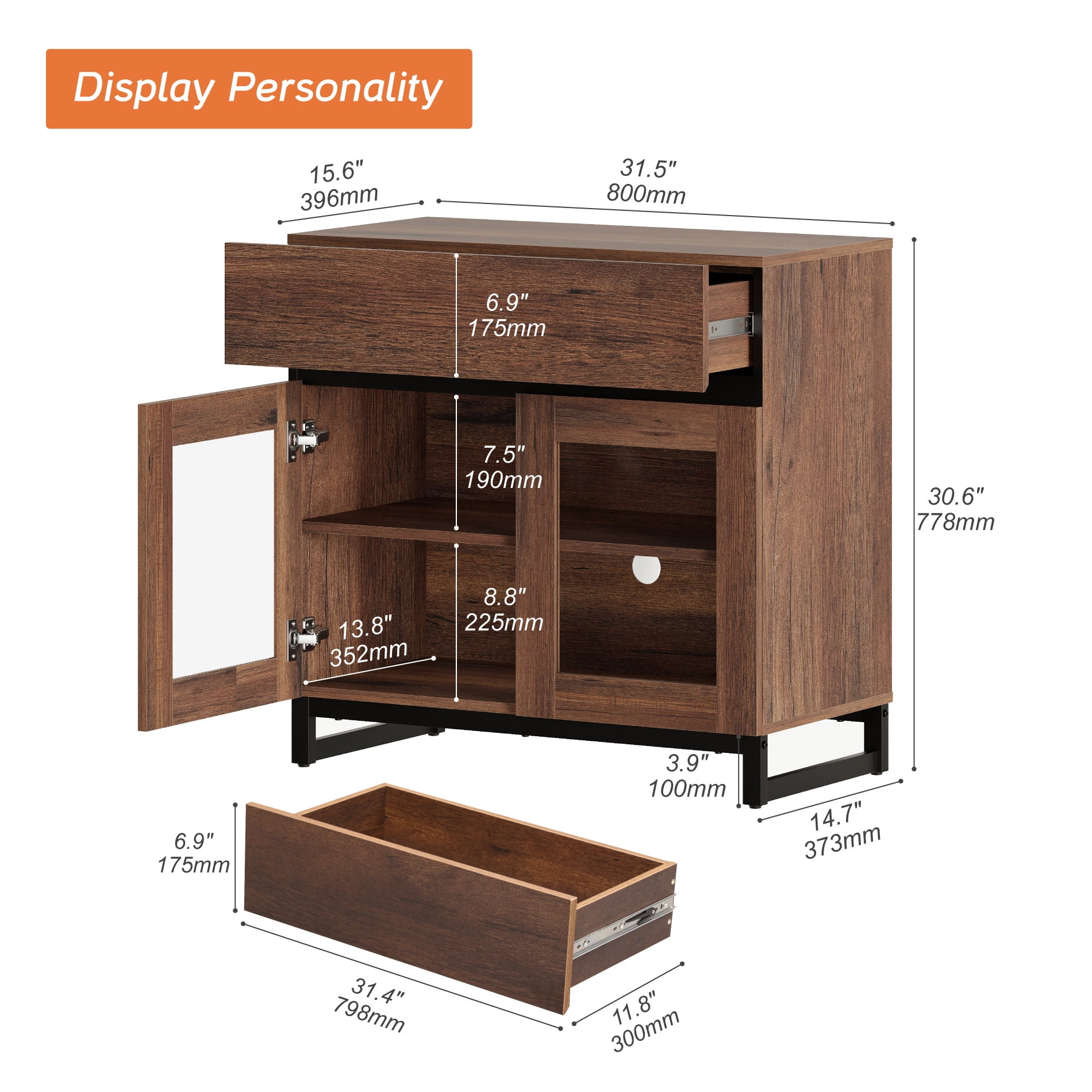 Modern TV Stand with Glass Door & 1 Drawer, Metal Base Entertainment Console for 32-40 Inch TVs, Media Console for Living Room & Bedroom,Brown