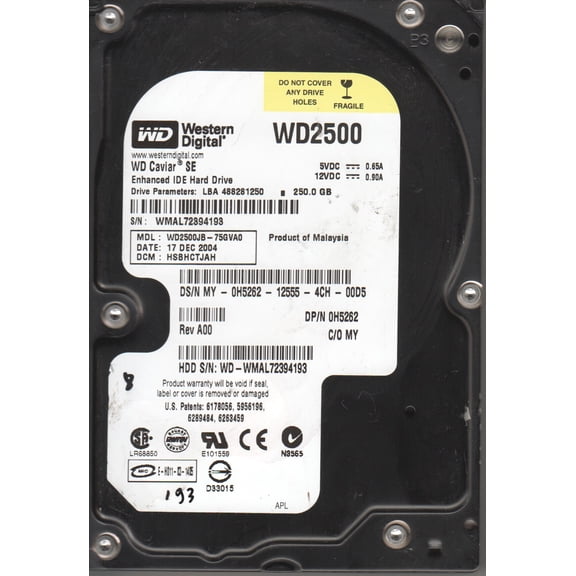 WD2500JB-75GVA0, DCM HSBHCTJAH, Western Digital 250GB IDE 3.5 Hard Drive